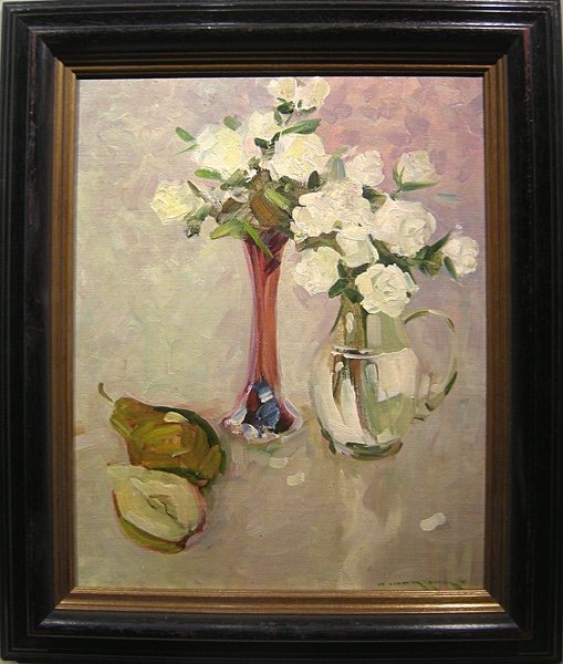 Alexandre Shadrine (russe, né en 1942) Nature morte aux roses blanches et poire