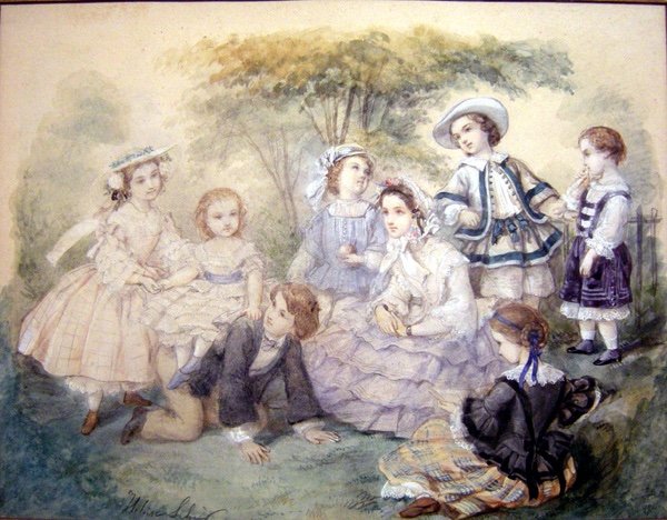 Pair Of Watercolors "second Empire Fashion, Children's Games" By Héloïseleloir-colin (1820-1873)-photo-3
