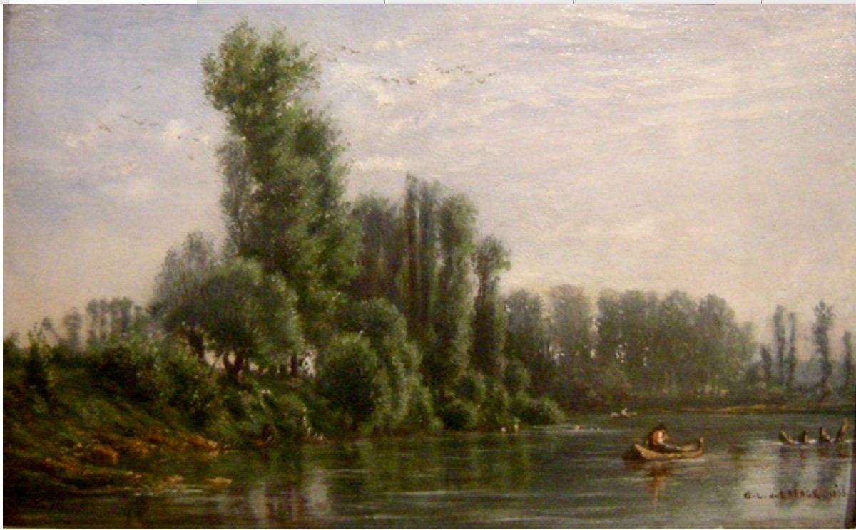 Georges Laujoil De La Fage (french 1830 - 1858) Idyllic Landscape With Fishermen On The River-photo-2