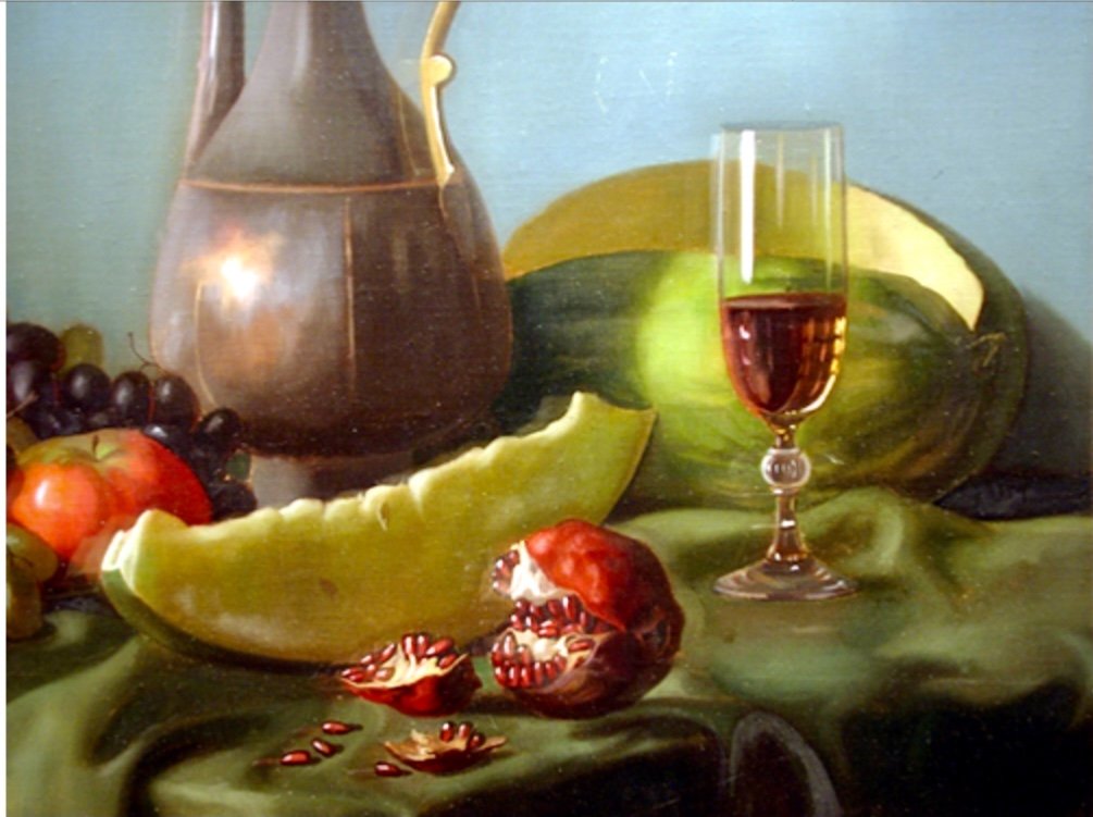 Nature morte à la cruche à vin en tonnelier et aux fruits par A.Chuntomov ( milieu du 20e siè)-photo-4