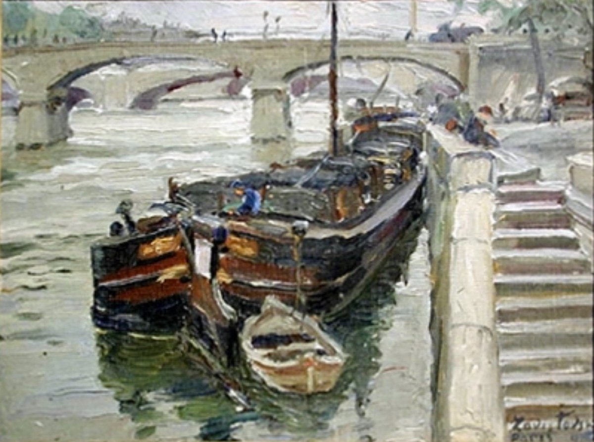 Boats On The Seine In Paris  By Michail Petrovic Zavistovsky (1897 - 1931)-photo-2