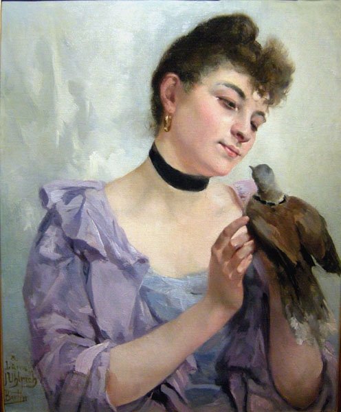 "la Belle Au Pigeon" By Alexandre Bertin (french, 1854 - 1934)-photo-2