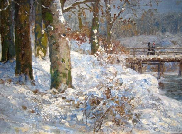 Alois Arnegger (1879-1967) Winter Landscape With Figures On The Bridge-photo-2