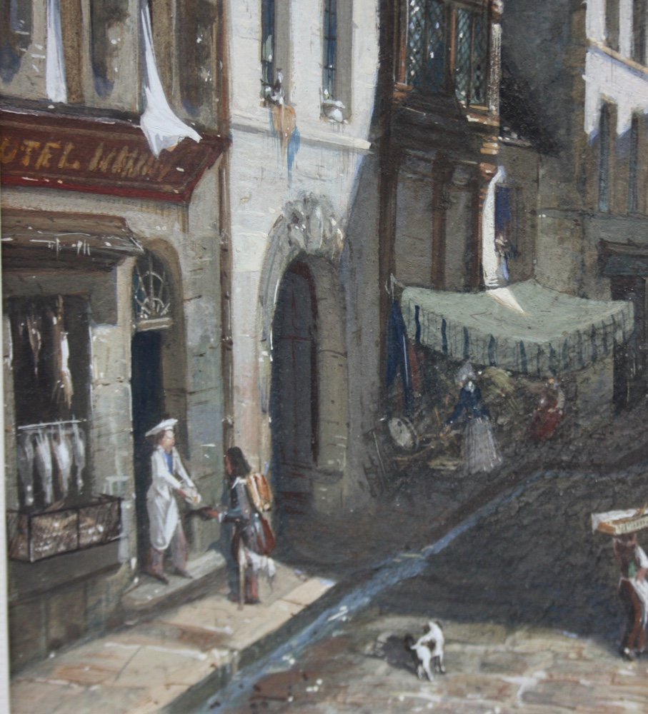 Adrien Dauzats (1804 Bordeaux - 1868 Paris) Scène de rue devant une cathédrale gothique (capriccio de Strasbourg)-photo-4