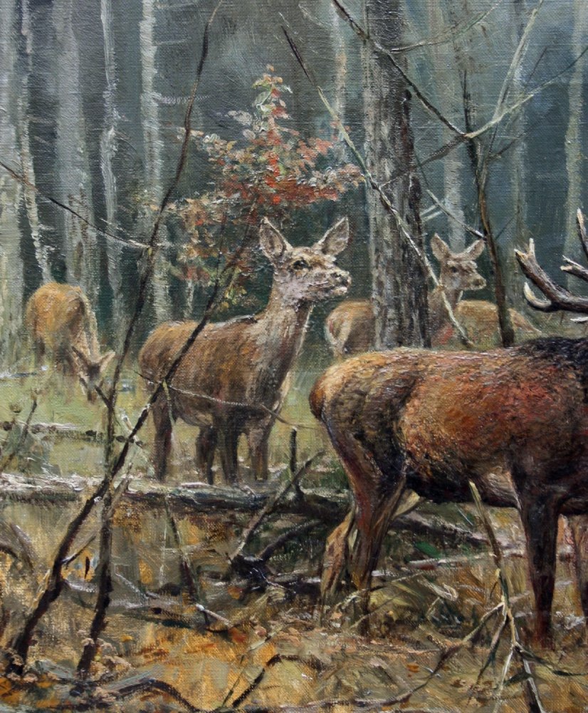 Roaring Deer With Family In The Glade By Wilhelm Lorenz (german, 1901 - Cologne - 1981)-photo-3