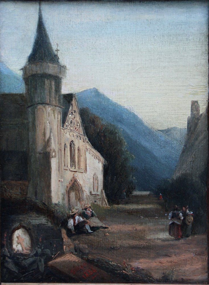 Jules Achille Noël (1815-1881) Scène de rue dans un vieux village du Nord de la Franc-photo-2