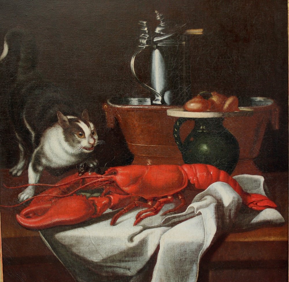 Hollandais, XVIIe siècle Cuisine nature morte avec un chat, une souris morte sur un homard-photo-3