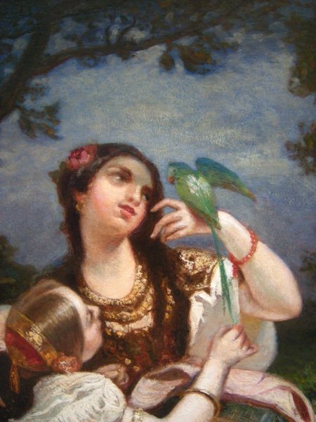 Admiring The Parrot By Louis Devedeux (french 1820 - 1874)-photo-3