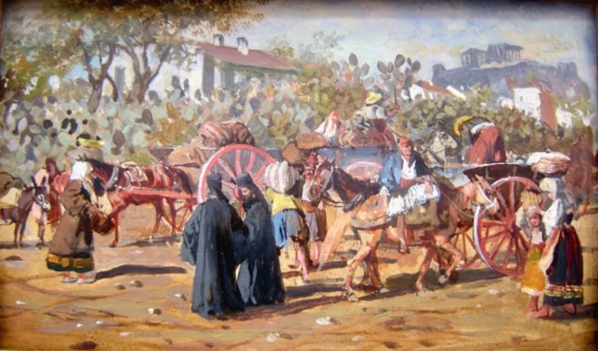 Joseph von Berres-Pérez (1821 - 1912) Scène de marché à Athènes avec l'Acropole en arrière-plan
