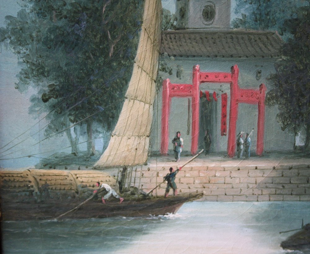 Set Of 4 Oils Depicting Views Of Canton By Namcheong (chinese Artist, Active 1830s)-photo-4