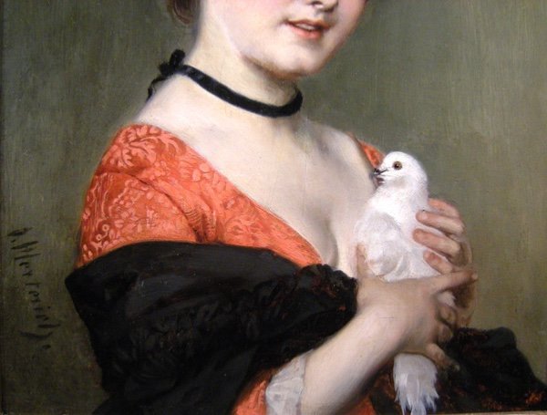 Young Beauty With Pigeon By Johann Caspar Herterich (1843 - 1905)-photo-2