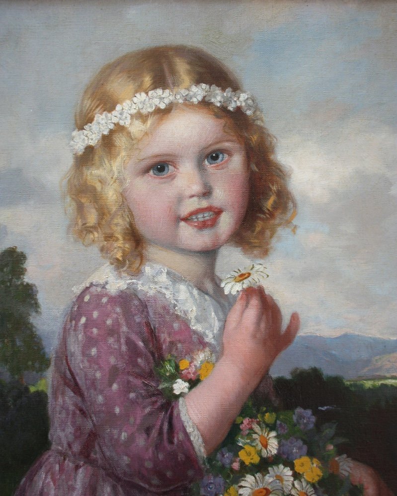 Theodor Recknagel (1865 - 1945) Portrait d'une jeune fille blonde aux fleurs-photo-3