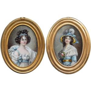 A Pair Of Portrait Miniatures By Lagarde (france, Late 19th Century)