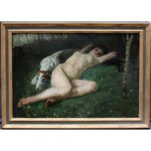 Reclining Nude With A Borzoi Dog By Wilhelm Tupy (austrian, 1875 - 1972)