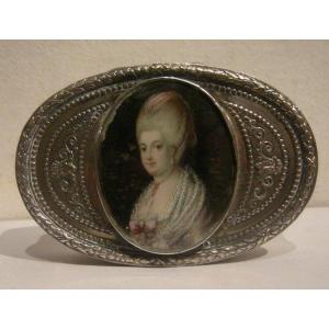 Antique Silver Snuff Box, 18th Century, Miniature Painted On Ivory, Silver Marks