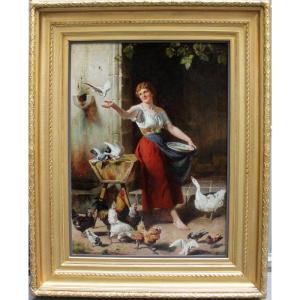 Fille Nourrissant Des Oiseaux Par Jean Lulves (franco-allemand, 1833 Mulhouse - 1889 Berlin)