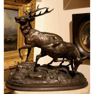 A French Bronze Group Of Two Deer After  Pierre Jules Mêne, Late 19th Century