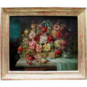 Hans Zatzka (Autriche 1859-1945), Nature  morte avec fleurs, oiseaux et papillons