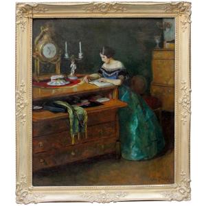 Femme lisant dans un intérieur par Otto Herschel (Autrichien, né en 1871)