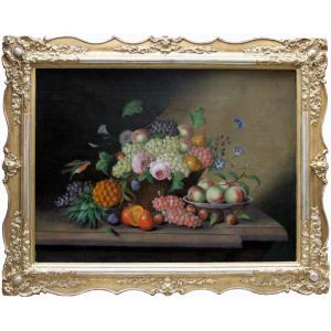 Nature morte monumentale avec différents fruits et fleurs de Georg Seitz (Autrichien 1810-1870)