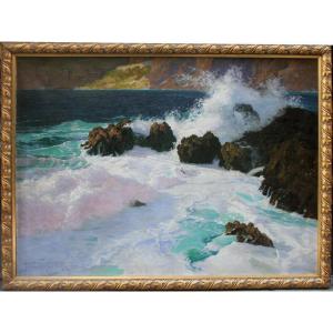 Surf sur la côte rocheuse de Capri par Paul von Spaun (1876 - 1932).