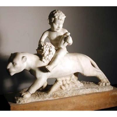 Jeune Bacchus Sur Une Panthère par Jan Drabek (tchèque, né en 1900), sculpture en marbre