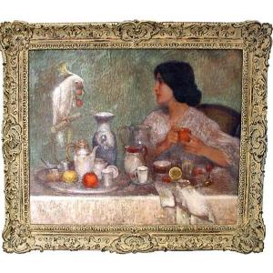 Adolf Wiesner (czech 1871-1942) Breakfast With Parrot