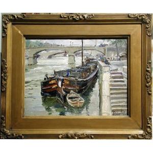 Boats On The Seine In Paris  By Michail Petrovic Zavistovsky (1897 - 1931)