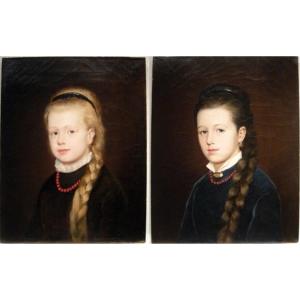 Louise Codecasa (listed, Born 1856) A Pair Of Portraits Of Sisters