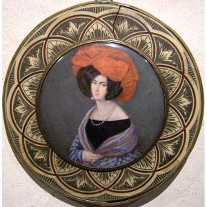 Fanny Romanini (1777-1839) "Jeune femme au bonnet rouge", miniature sur ivoire 