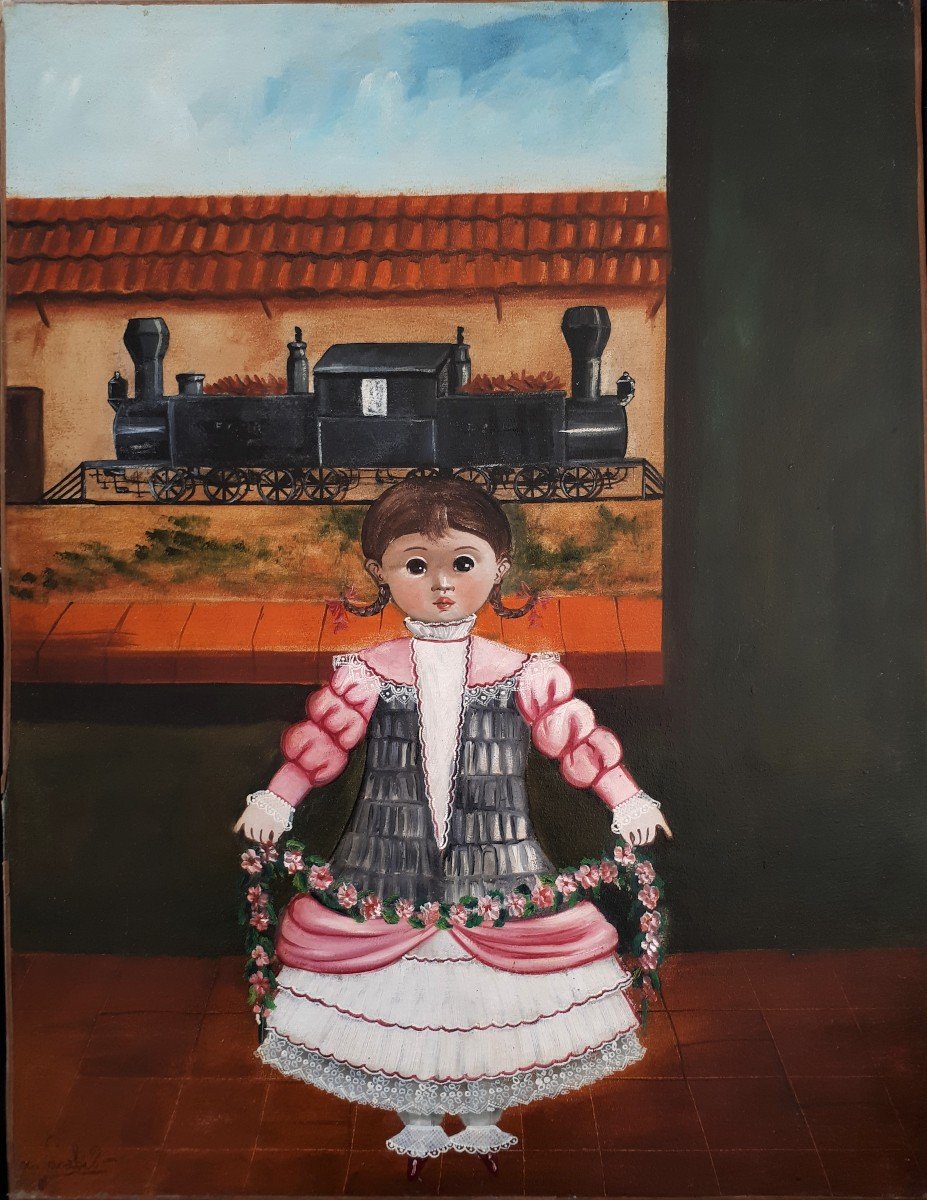 Labios Agapito - Popular Naïve Art - Mexico - Young Girl With "siamese" Locomotives