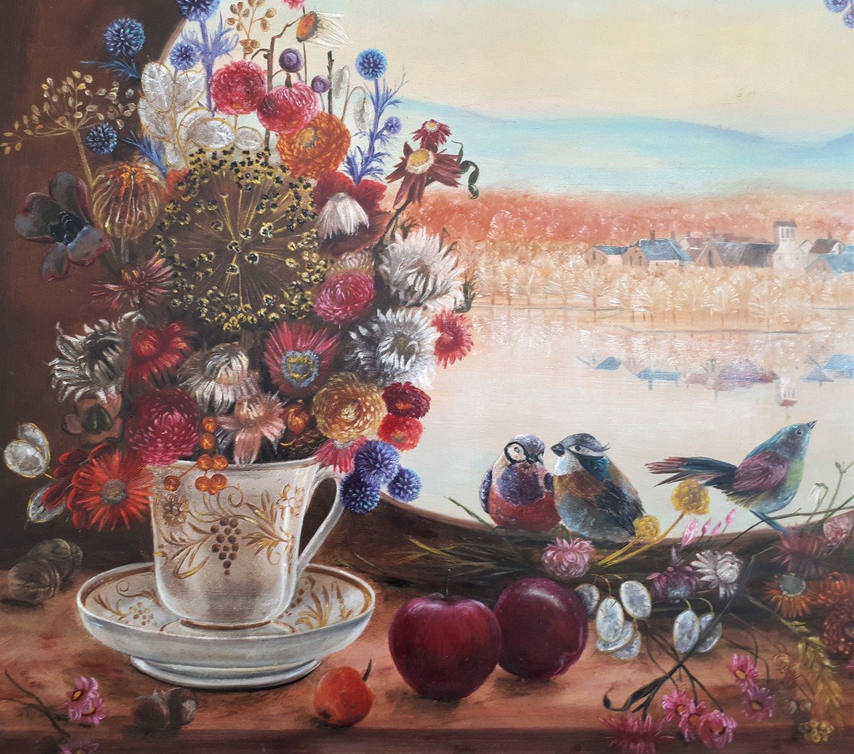 Chuteau Jacqueline - Bouquets And Birds In Front Of Window - XXth - Naïve Art-photo-4