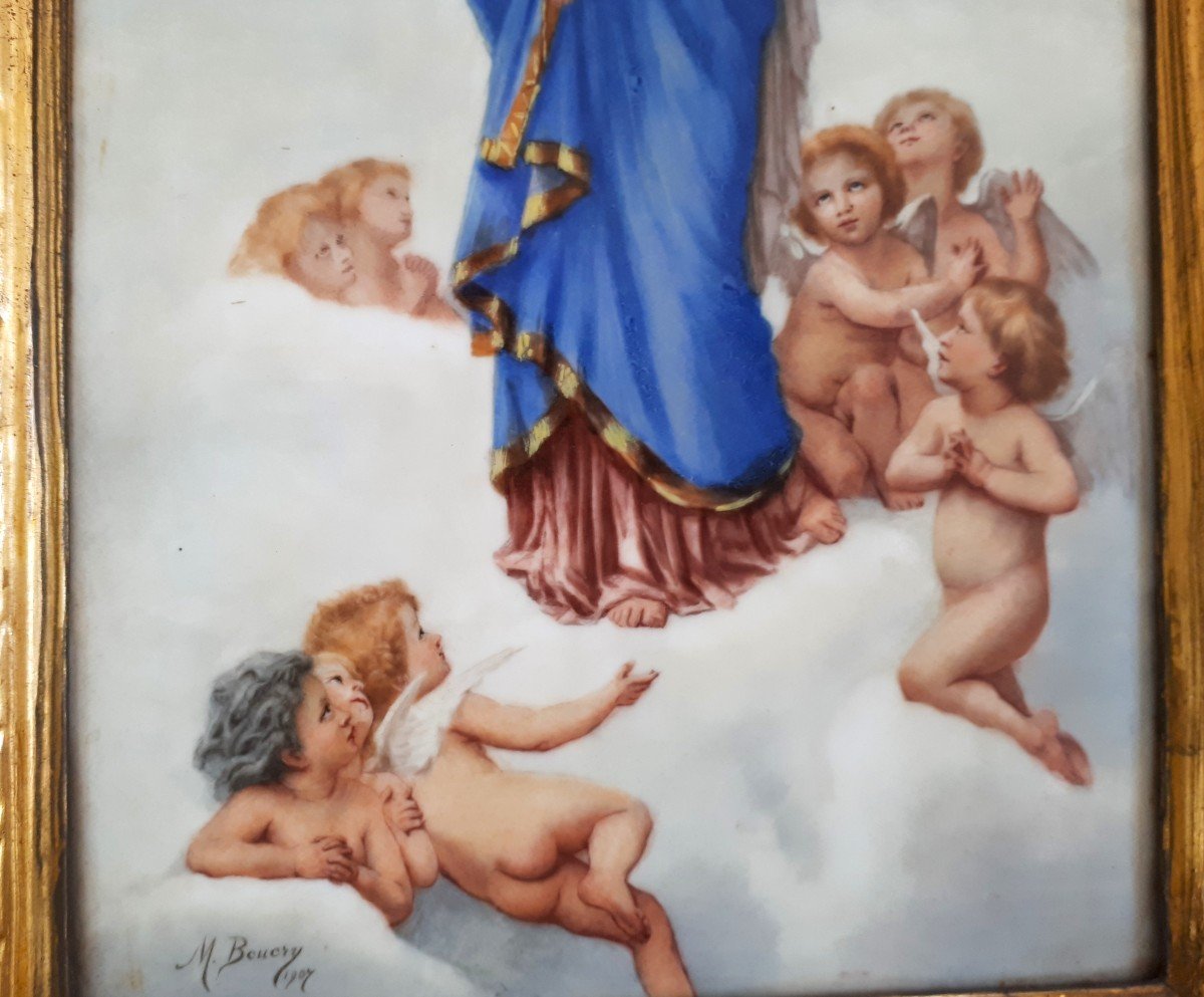 BOUGUEREAU (d'après)- Notre Dame des Anges - Plaque porcelaine peinte -1907- Cadre sculpté doré-photo-3