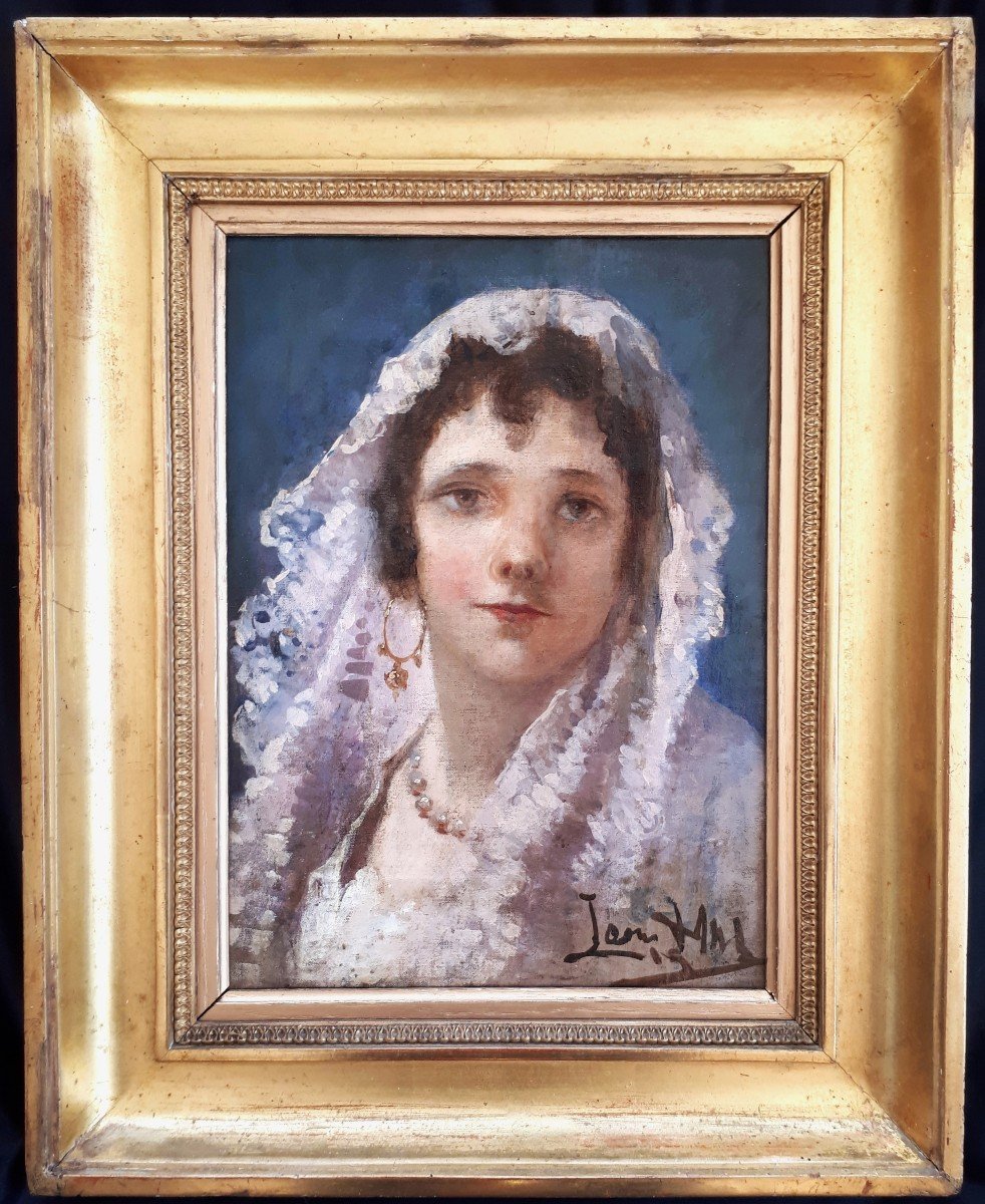 Portrait Jeune Femme Au Voile Et Boucle d'Oreille Créole- XIXe- Signé (non Lu).-photo-3