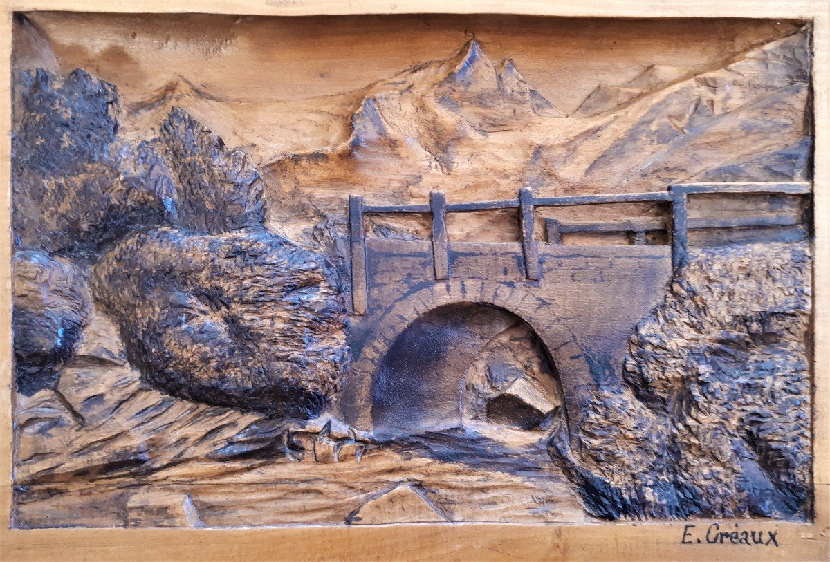 Greaux Ernest- La Meije And The Old Bridge Of Chazelet- Carved Wood.-photo-2