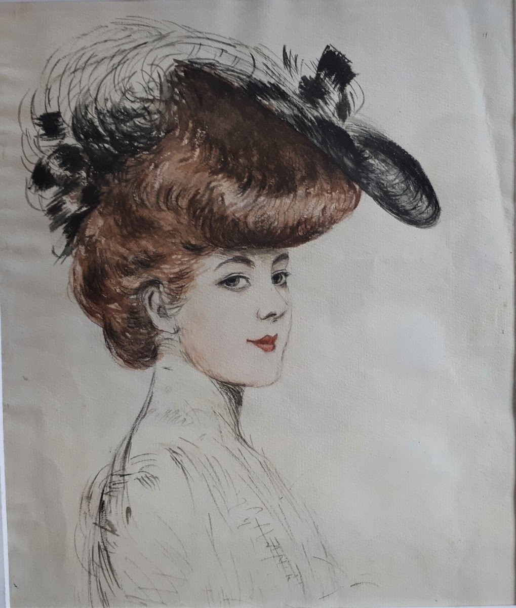 Aquarelle - Elégante au Chapeau - Suiveur de Helleu - 