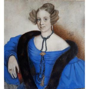 HOLLAIN N.F.J. - Grande Miniature Jeune Femme en  Bleu- 1836- Beau Cadre d'époque