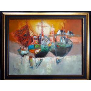 Margotton René - "two Boats With The Golden Sun" - Oil From 1982