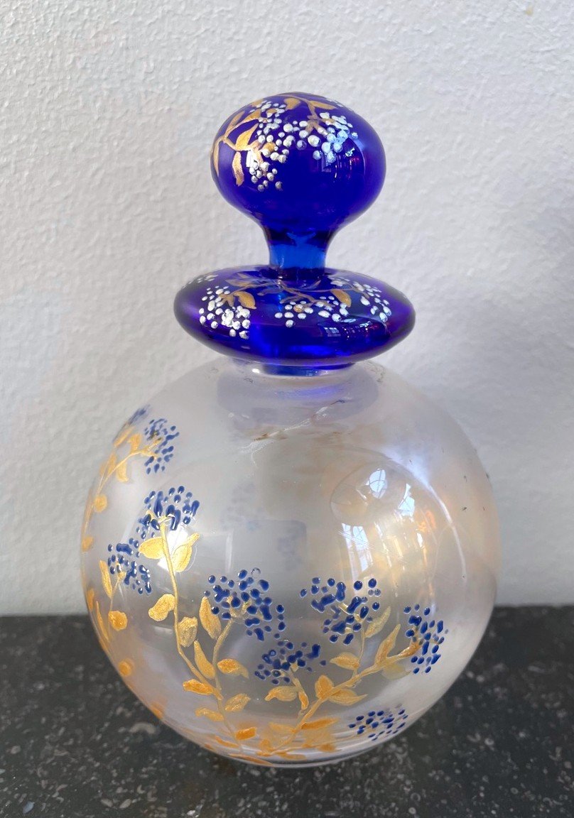 Enameled Glass Perfume Bottle With Flower Decor, Art Nouveau, Signed