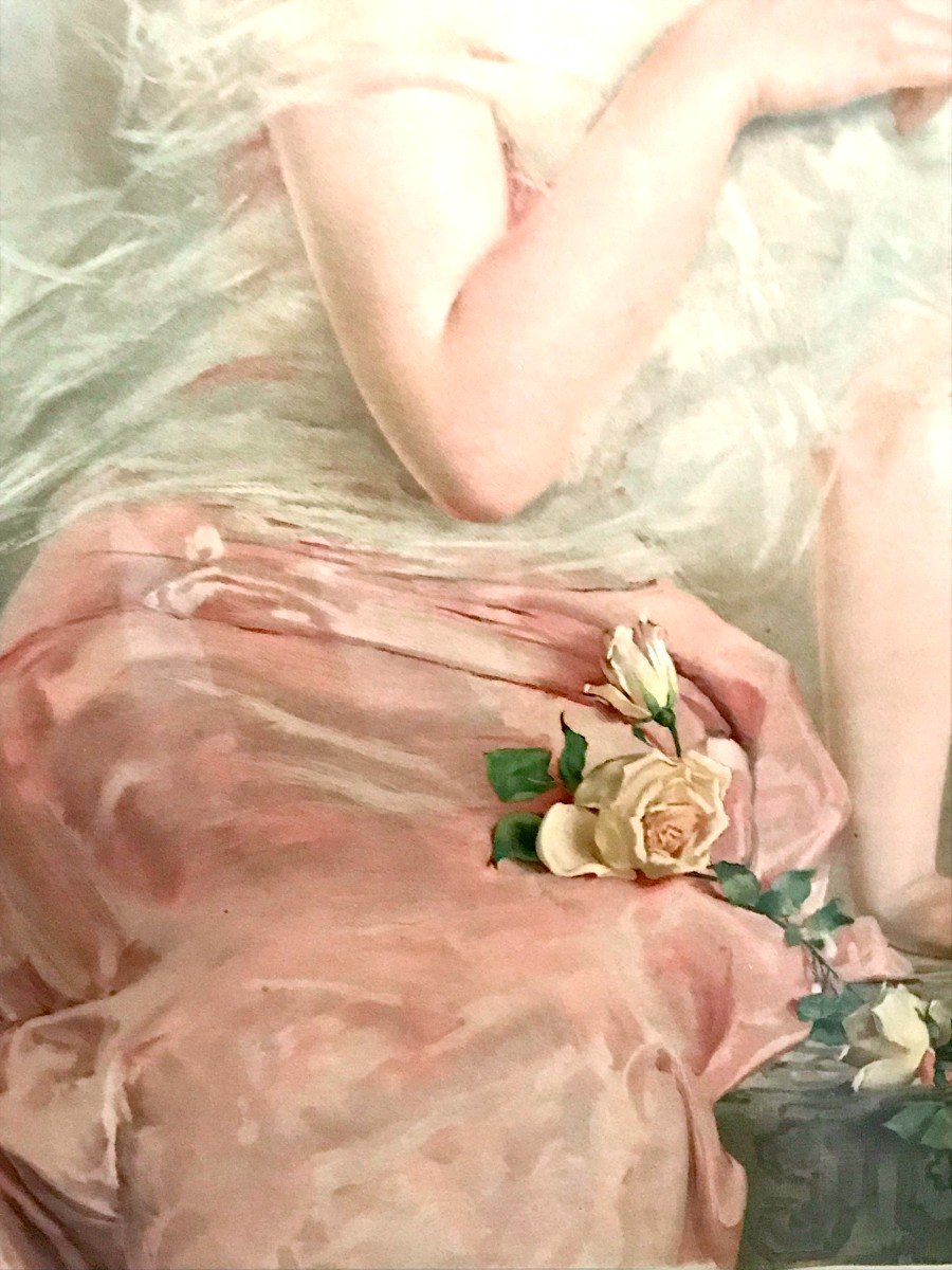 Painting, Young Woman With Roses, Lithographs, Golden Frame Circa 1900-photo-4