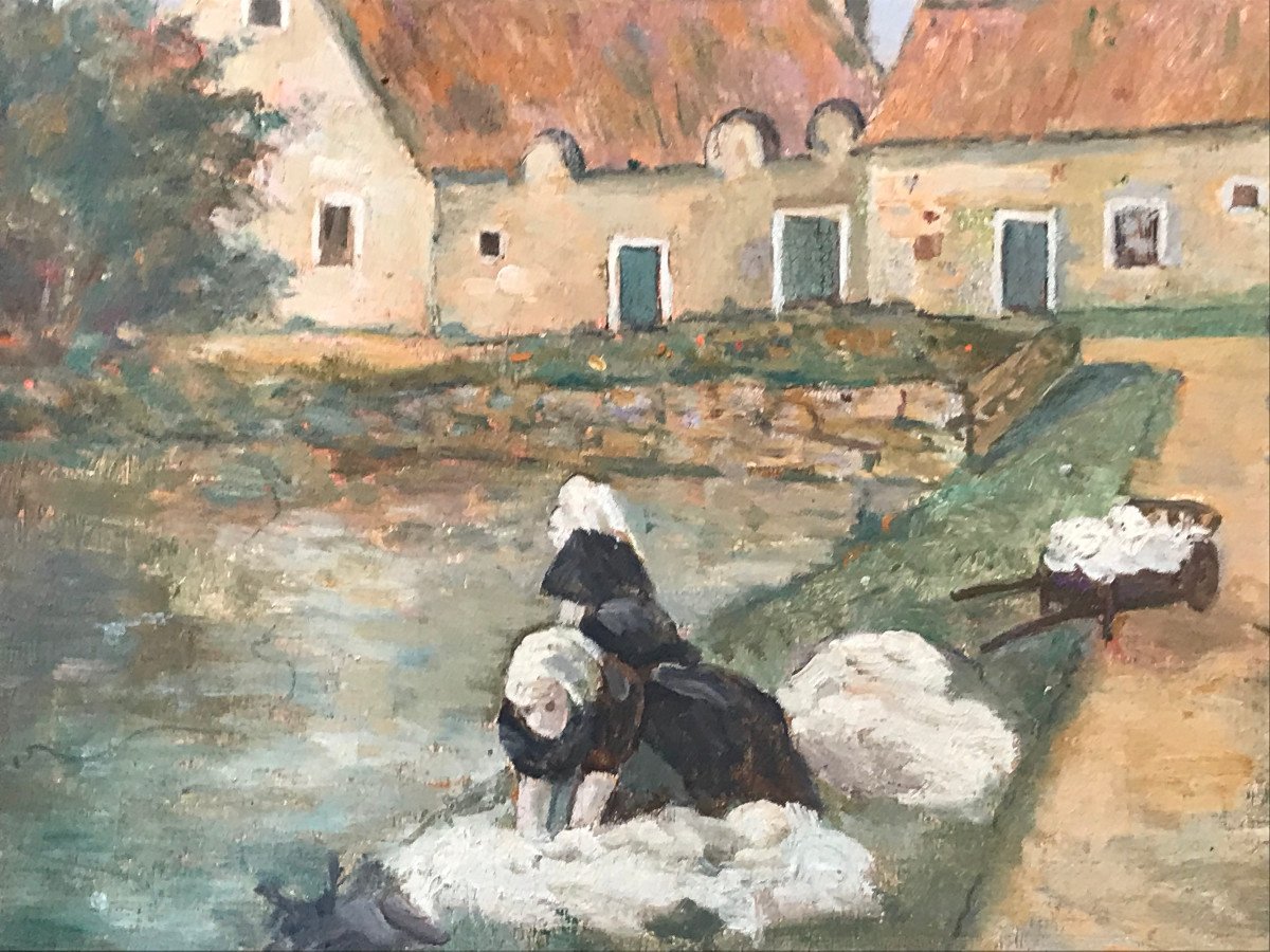 Painting, Young Women At The Washhouse, Brittany, Signed Levèvre ???early 20th Century-photo-3