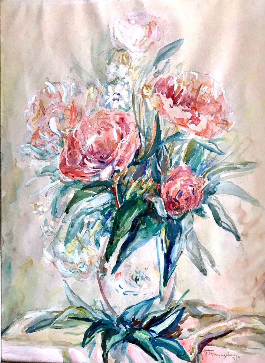 Painting, Bouquet Of Peonies, Watercolor Signed And Dated 1950-photo-2