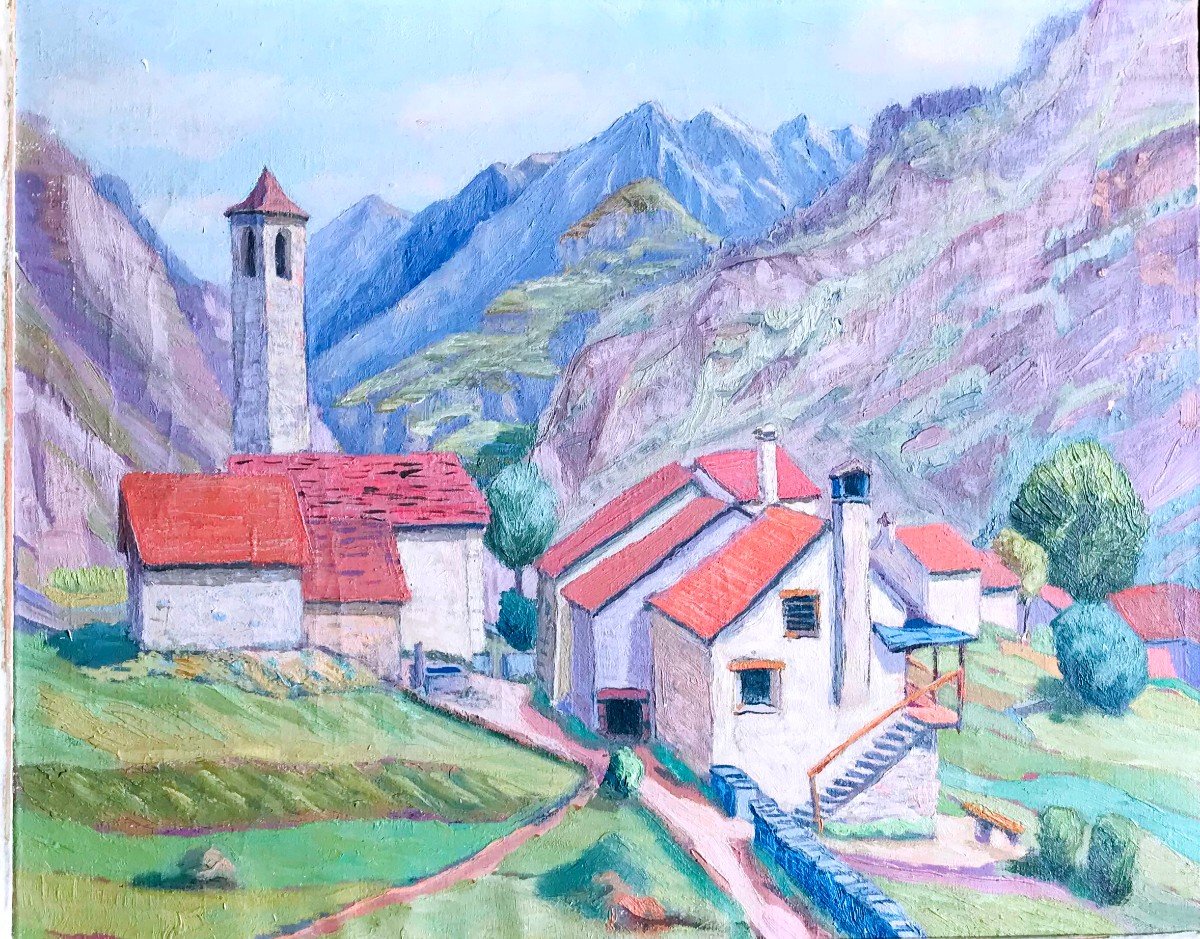 Tableau, Vue Sur La Vallée De Val Bavona à San Carlo, Suisse, Signé De Vögtlin Et Daté De 1945-photo-4