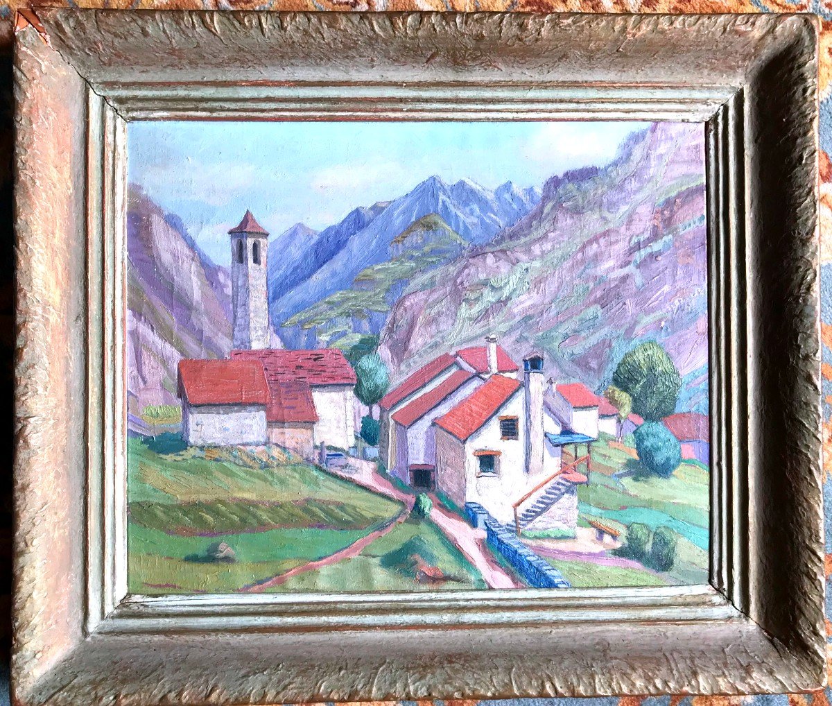 Tableau, Vue Sur La Vallée De Val Bavona à San Carlo, Suisse, Signé De Vögtlin Et Daté De 1945