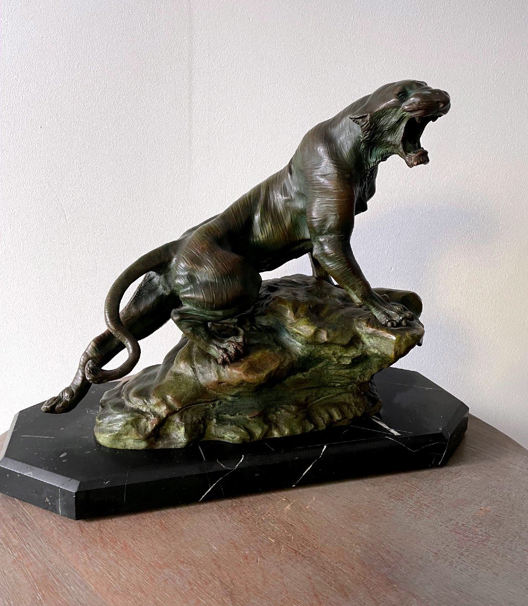 Sculpture, Roaring Lioness In Bronze Signed By Thomas Cartier-photo-2