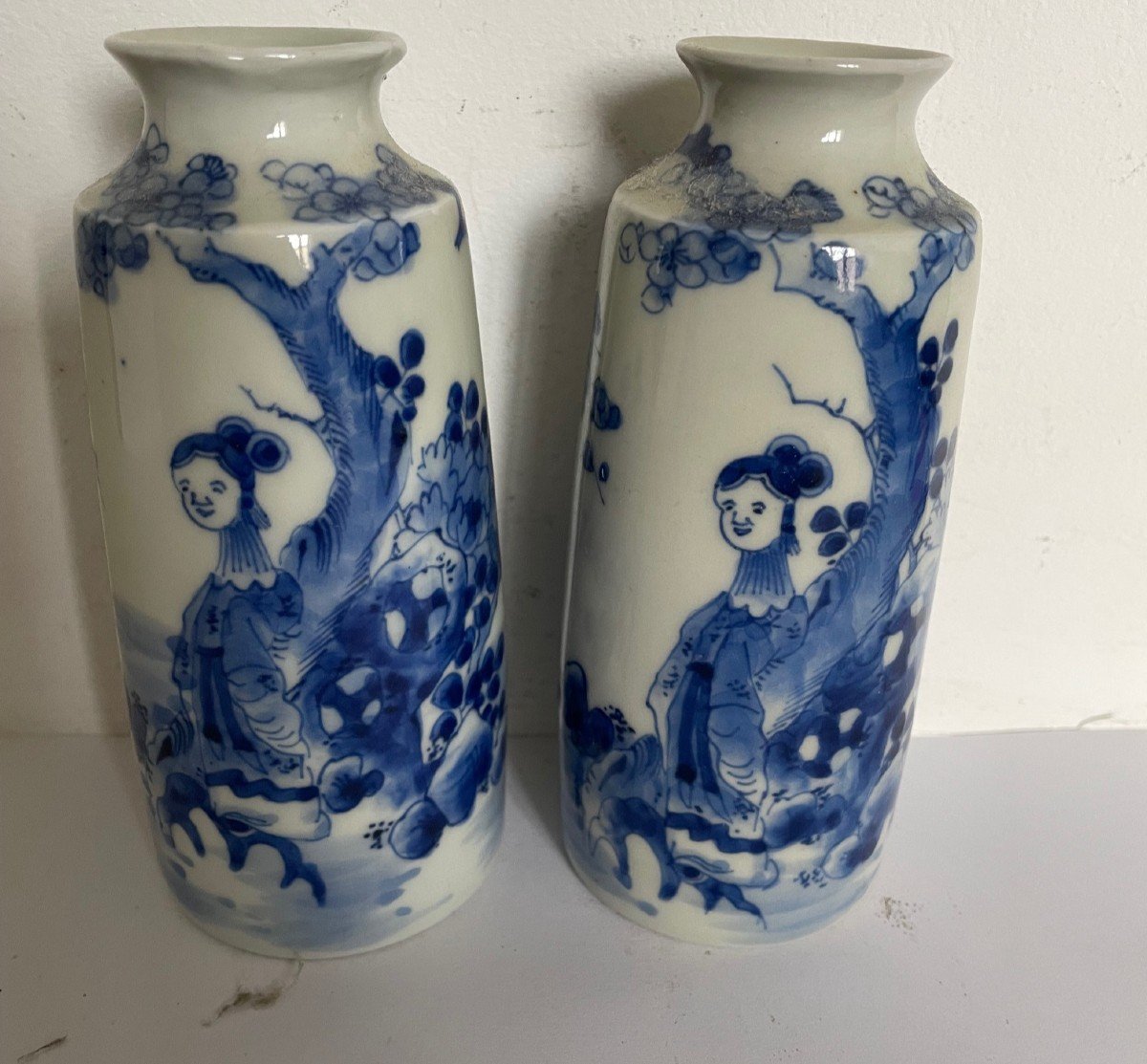 Paire De Vases En Porcelaine De Chine, Décor d'Arbres Fleuris Et Personnages, époque XIX-photo-3