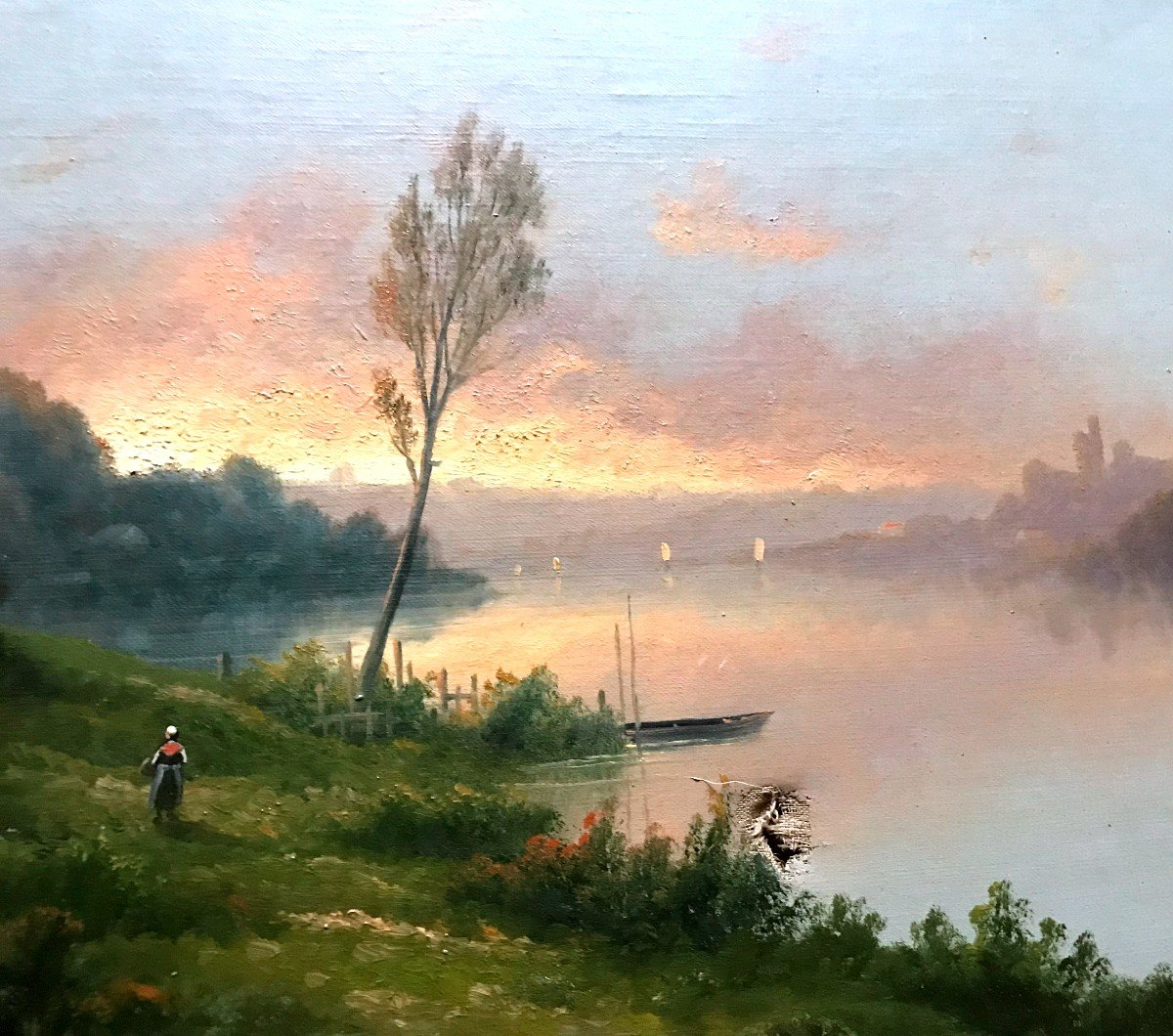 Painting, Barbizon Landscape, Peasant Woman Walking At Dusk, By Charles Antoine Lenglet-photo-3