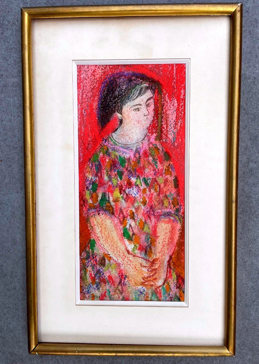 Painting, The Harlequin, Pastel And Ink, Signed By Geneviève Couteau 20th Century