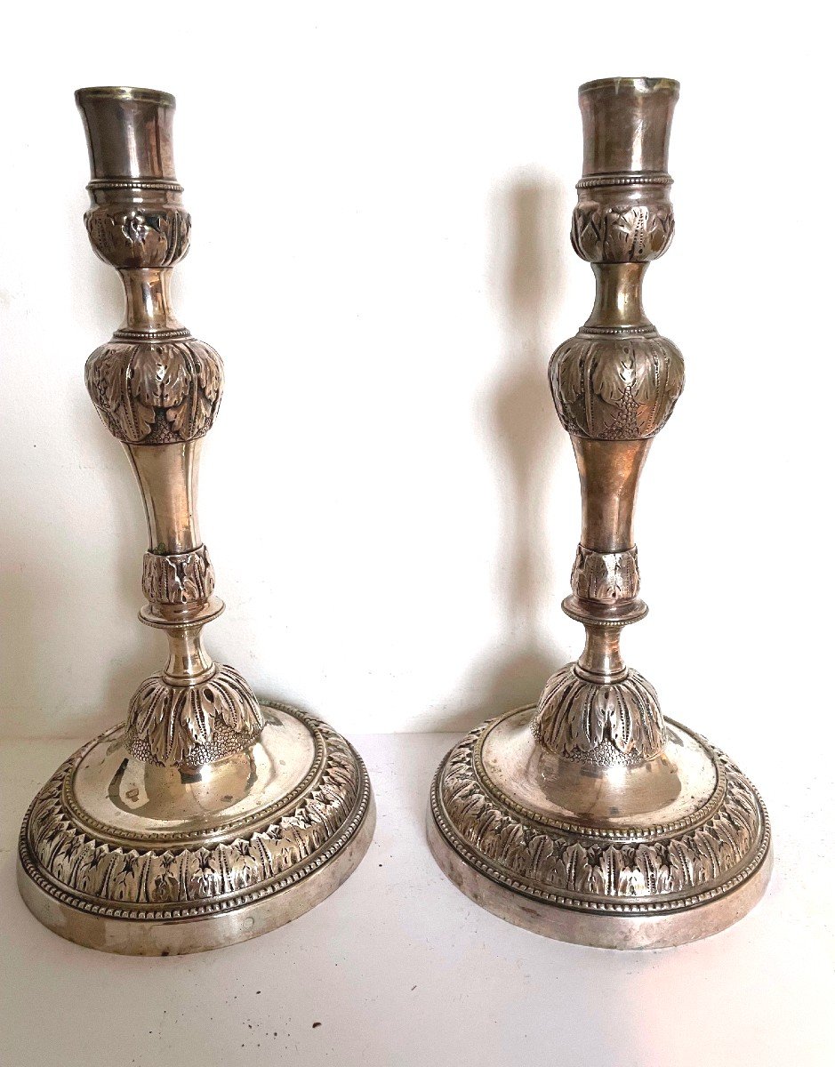 Pair Of Silver-plated Bronze Candlesticks, Early 19th Century