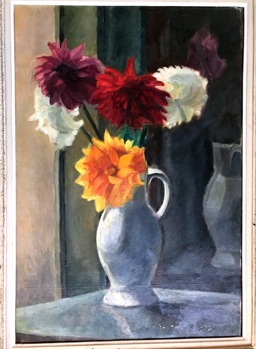 Painting, Bouquet Of Dahlias, Hst, Signed Circa 1950-photo-2